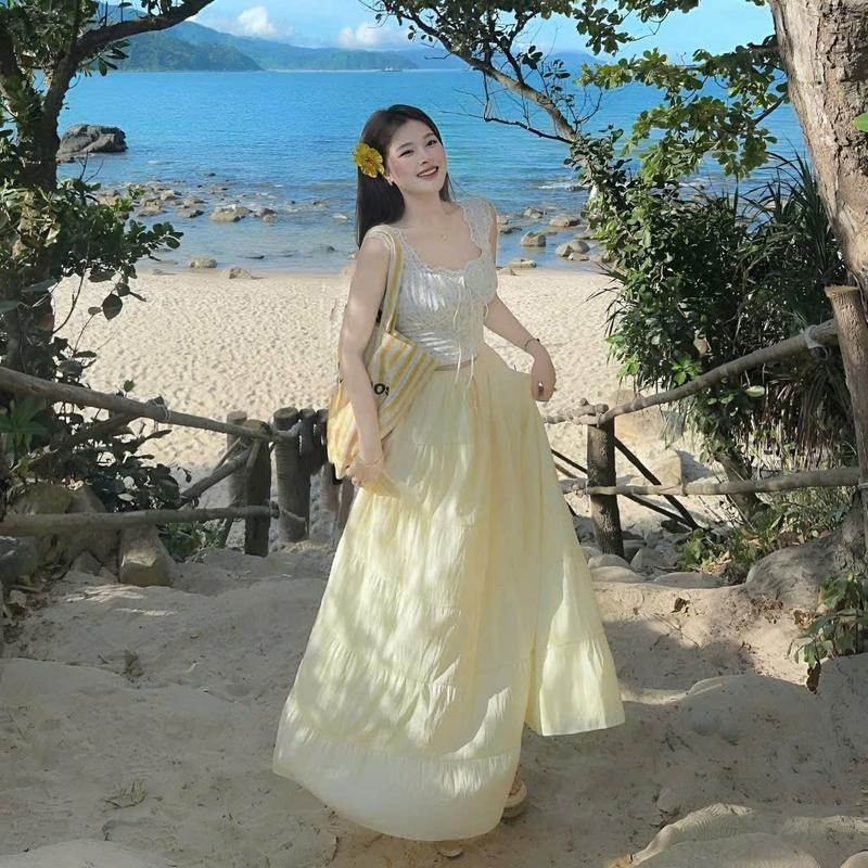 Sét bộ nữ đũi xốp cọc tay [có mút] phối chân váy xòe dài xinh xắn dành cho các nàng diện đi chơi đi tiệc