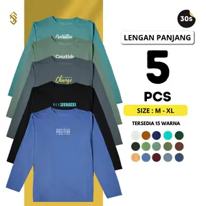 PROMO 5PCS Kaos Motif Lengan Panjang,T-Shirt Unisex Crew Neck Atasan Panjang Pria Distro Baju Dewasa Oblong Kain PolyCotton 30s Keren
