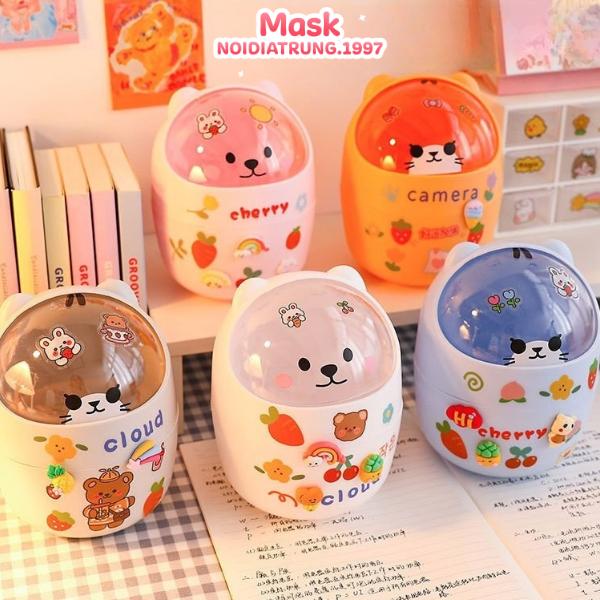   Tặng Kèm Sticker   Thùng Rác Mini Nắp Lật Hình Gấu Để Bàn Dễ Thương 