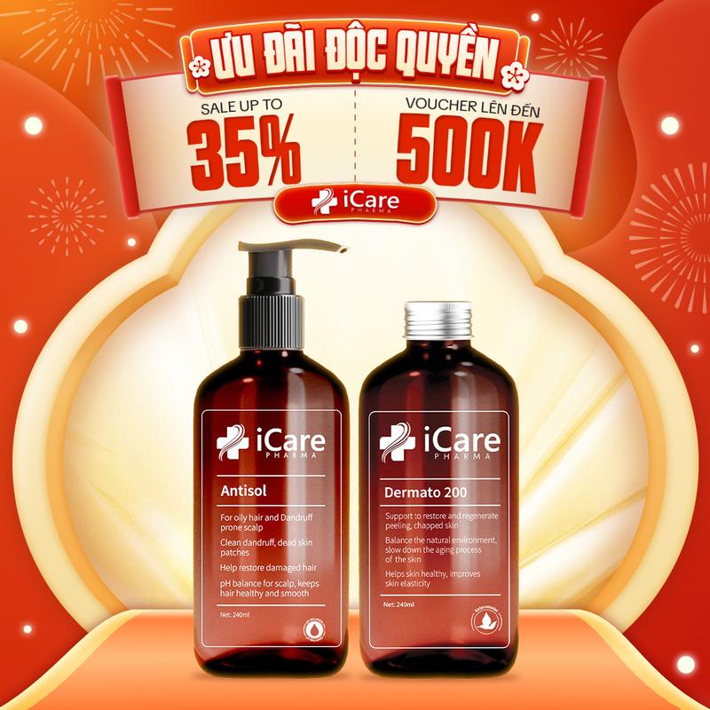 Combo Hỗ Trợ Cải Thiện Phục Hồi Tóc Hư Tổn - Sạch Gàu gồm Serum Dermato 200 & Dầu gội Antisol iCare Pharma