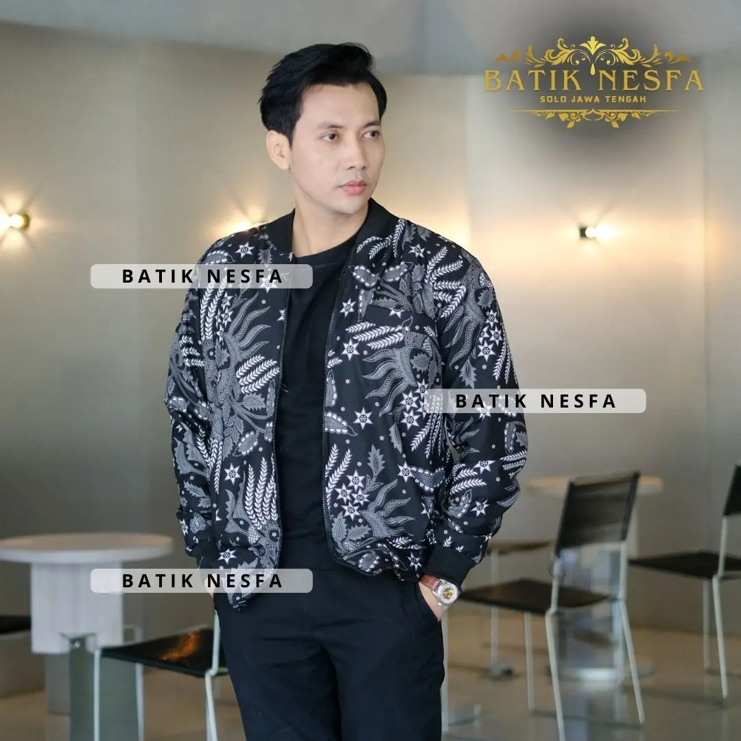 Jaket batik bomber pria manggar murah berkualitas Dewasa Hitam Casual