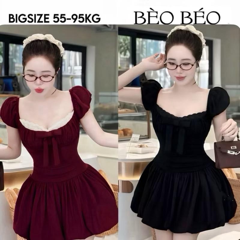 [Bèo Béo Bigsize ] Váy Xinh Viền Ren Phối Nơ Tay Bồng Dáng Xoè Bồng Form Bigsize 60-90Kg