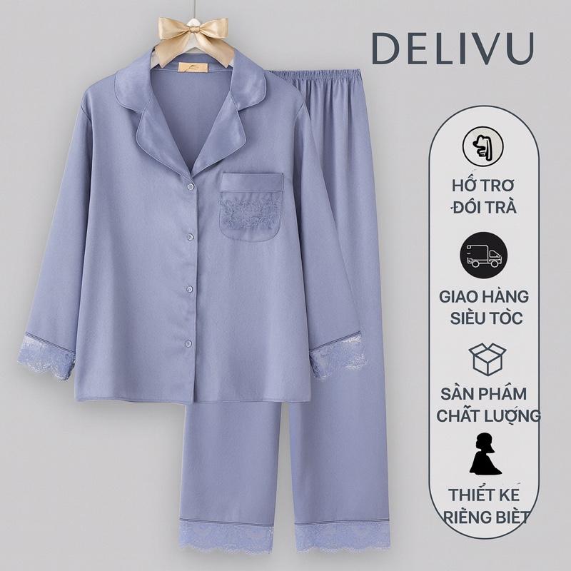  DELIVU  Set bộ mặc nhà lụa phối ren sang chảnh thoáng mát có chun chỉnh váy bầu đồ bầu - Nữ 