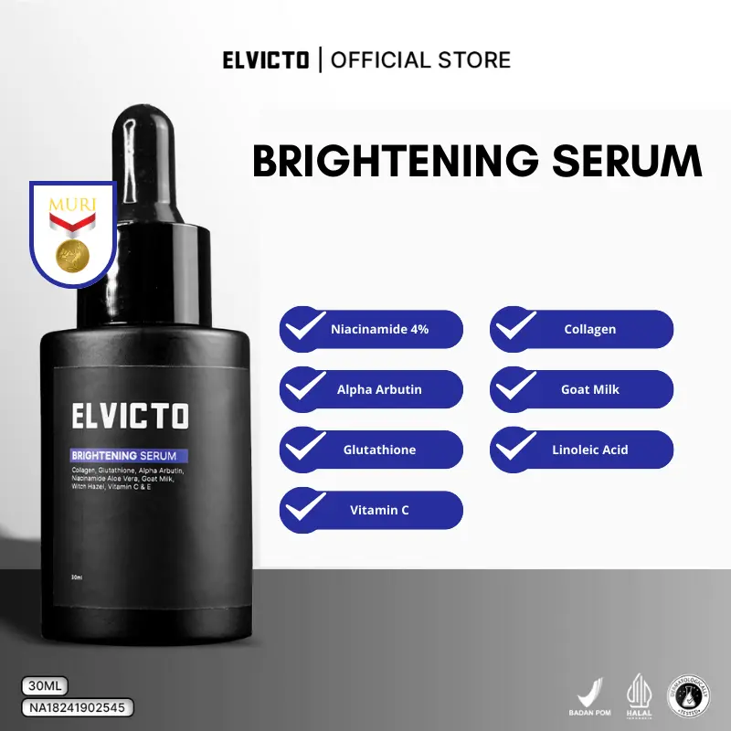 ELVICTO BRIGHTENING SERUM | Serum Pria untuk Mencerahkan Wajah, Menghilangkan Flek Hitam, Mencegah Timbulnya Jerawat,  | Mengandung Alpha Arbutin, Niacinamide,Vitamin C