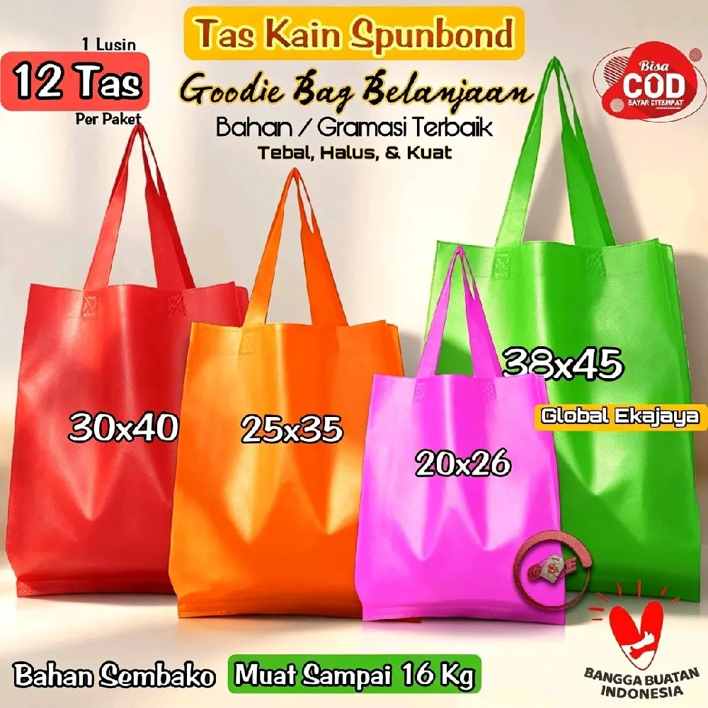 12 Pcs (Lusinan) Tas Belanja Kain Spunbond Goodie Bag Tali Ukuran 20x26 25x35 30x40 38x45 Shopping bag Kantong Goodybag Parsel Hantaran Hajatan Hampers Souvenir Ultah Pernikahan, kantong Paperbag Ramah Lingkungan Thinwall, Bisa Cetak Nama Sablon Karakter