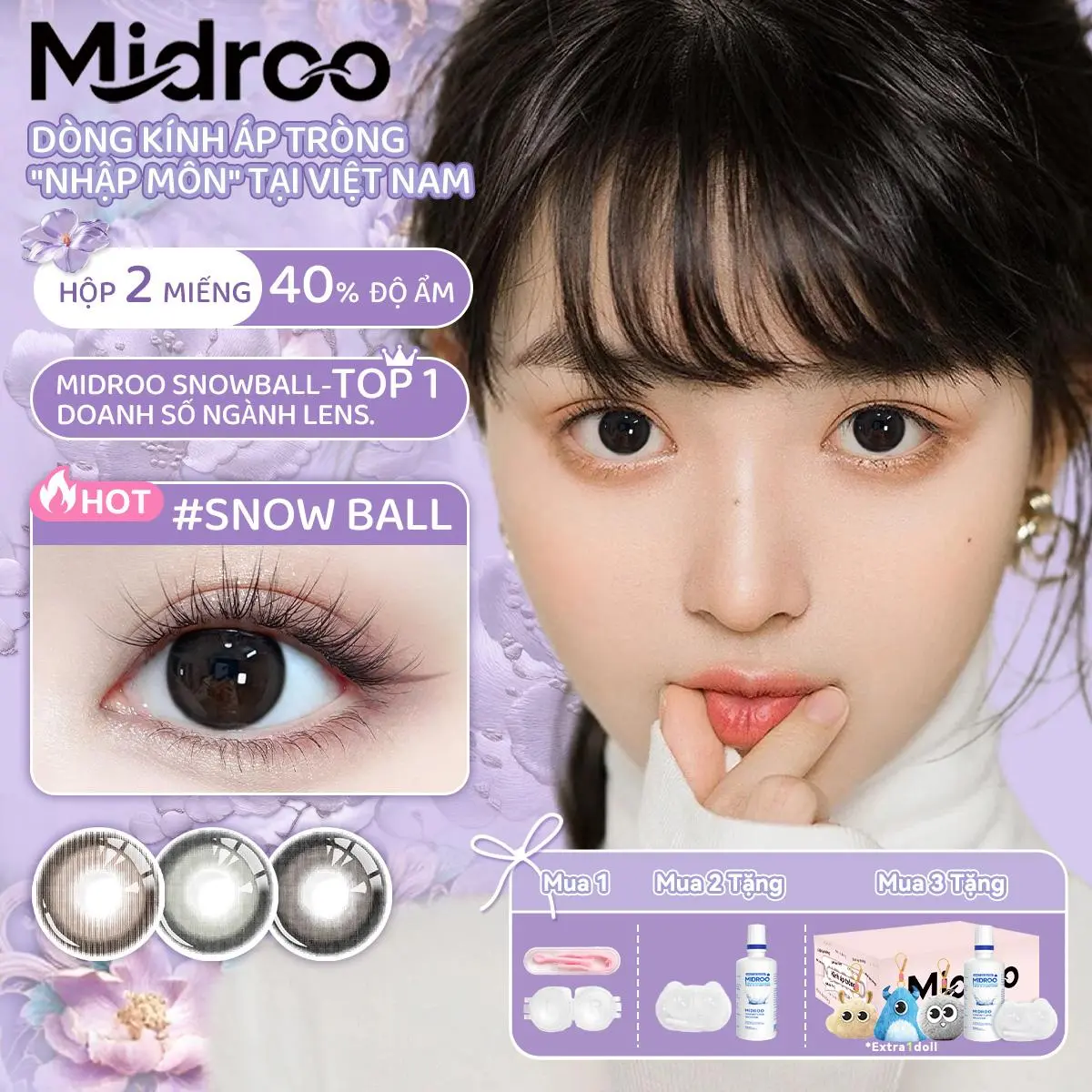 【6 tháng】 Midroo Lens Cận 0-6 độ Snow Ball 14,5mm kính áp tròng Độ ngậm nước 40% Đeo êm tuyệt đối, trải nghiệm mượt mà.Làm to mắt,Thích hợp để mặc đến trường, đi làm hoặc đi hẹn hò.