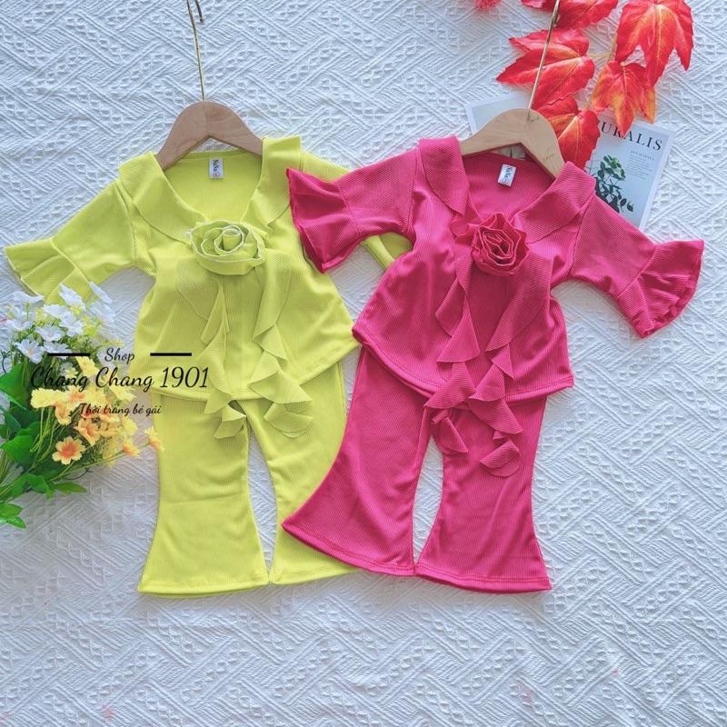 8-13kg sét áo tay lỡ đính hoa quần ống loe chất vải tăm lạnh dày dặn cho bé gái dưới 3 tuổi