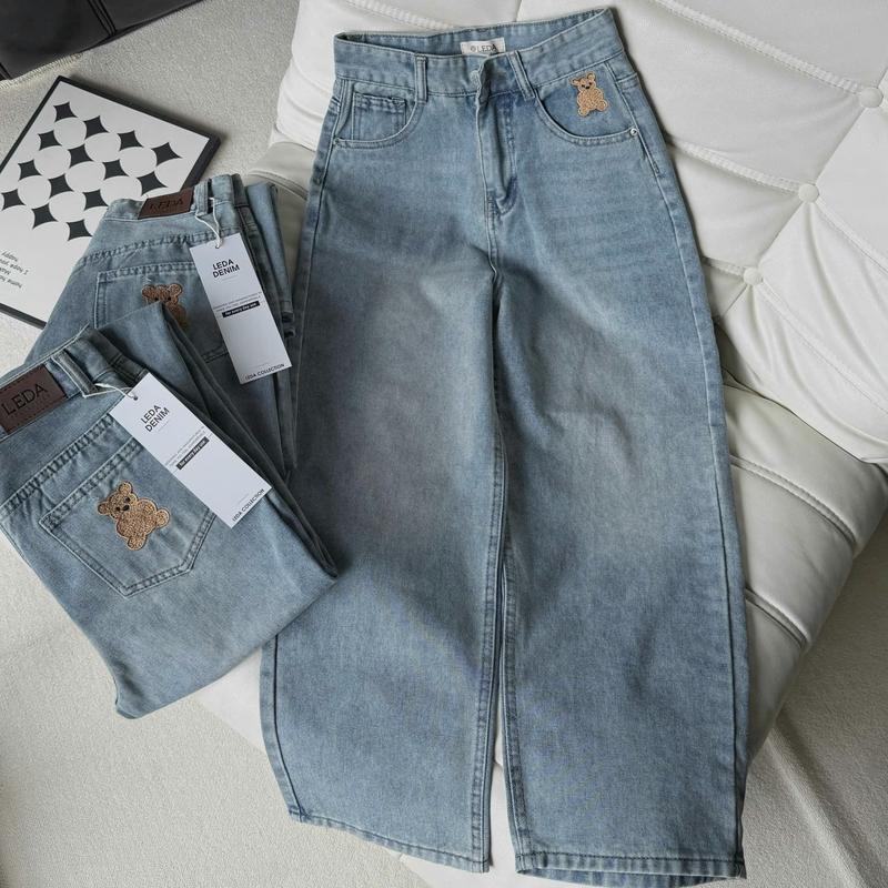 Quần Jean Ống Suông Thêu Gấu Nữ LEDA Quần Bò Rin Ống Rộng 9 Tấc Nấm Lùn 1m50 Dài 88cm