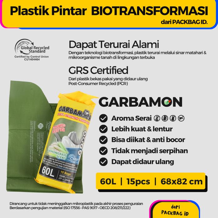 Gambar PACKBAG Garbamon 60L Lemongrass Kantong Sampah Wangi Biodegradable Bahan Recycle Isi 15 pcs dari PACKBAGID Kota Tangerang Tokopedia