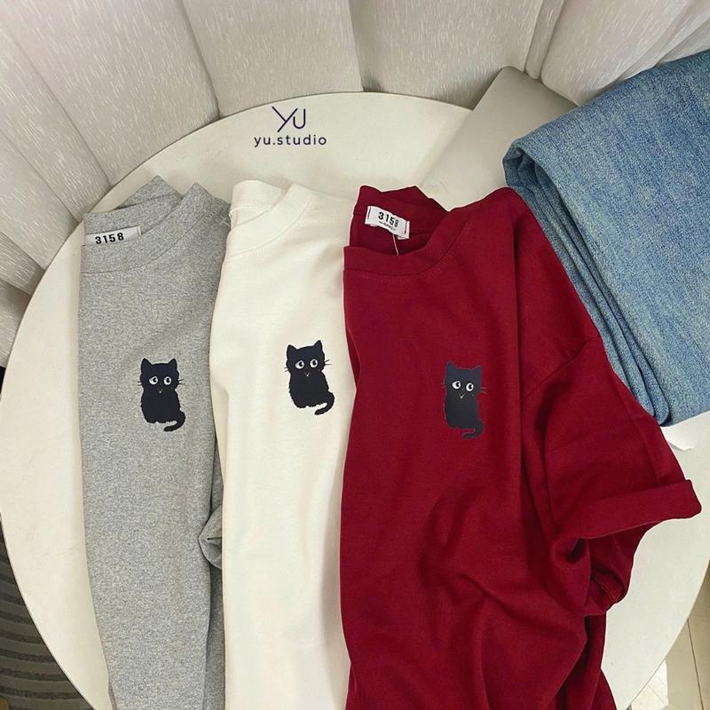 áo thun 3158 YUSTUDIO cotton khô áo nam nữ form rộng mẫu Mèo Đen