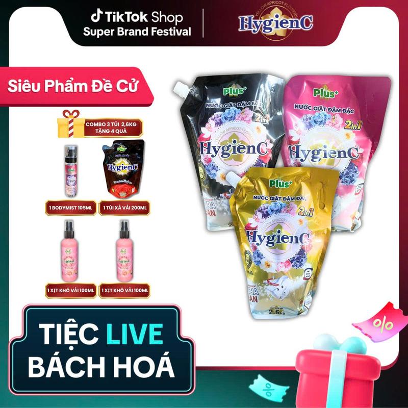 HOT - TẶNG 4 MÓN QUÀ Combo 3 Túi Nước giặt HygienC Plus 2600ml Túi thơm ngát làm sạch - Hàng Việt Nam sản xuất - QUÀ: 1 BODYMIST màu ngẫu nhiên + 1 TÚI XẢ VẢI 200ML + 2 CHAI XỊT VẢI KHÔ HỒNG