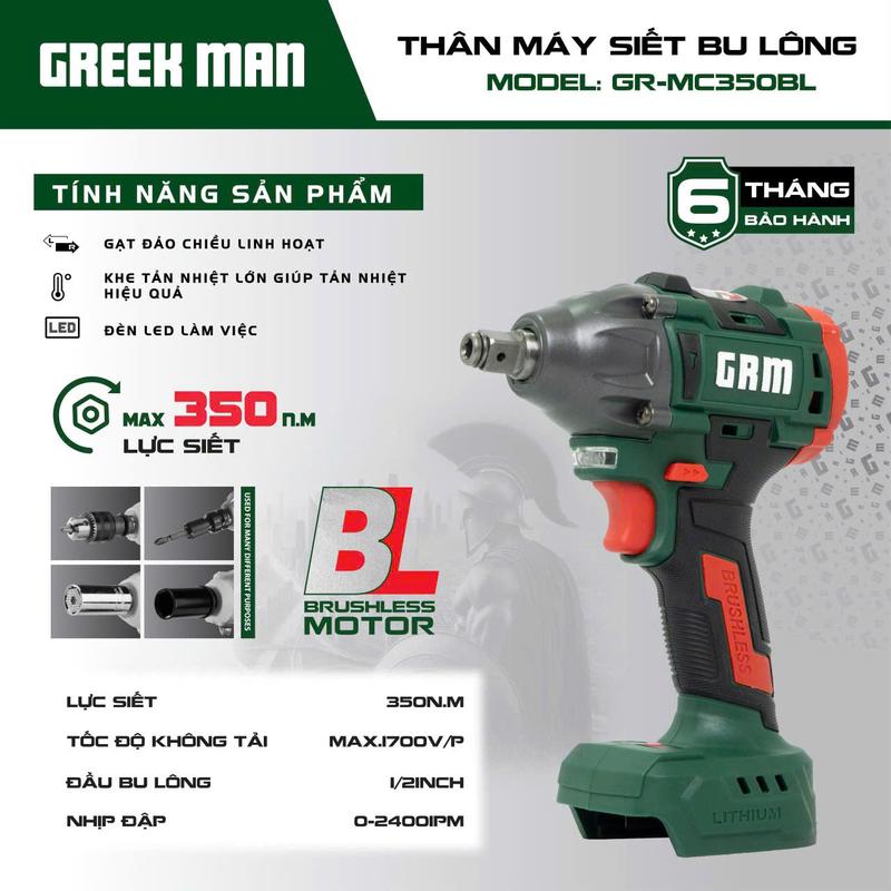 Thân máy bulong Greekman lực siết 350NM chưa kèm pin