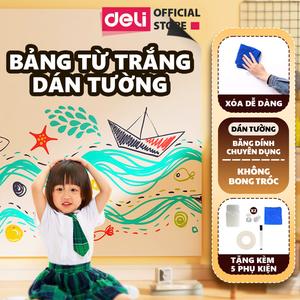 Bảng từ trắng dán tường Deli - bảng dán tường hút nam châm viết bút lông nhiều kích thước - Tặng set phụ kiện bảng