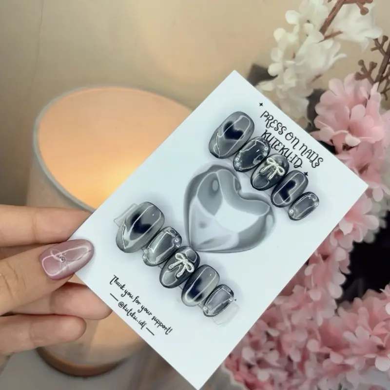 Art Lem Kuku Hand Polish Press On Nails Love V2 Ribbon Cat Eye Kuku Palsu Unik & Menarik Dengan Sentuhan Hati Cocok Untuk Berbagai Kesempatan 4