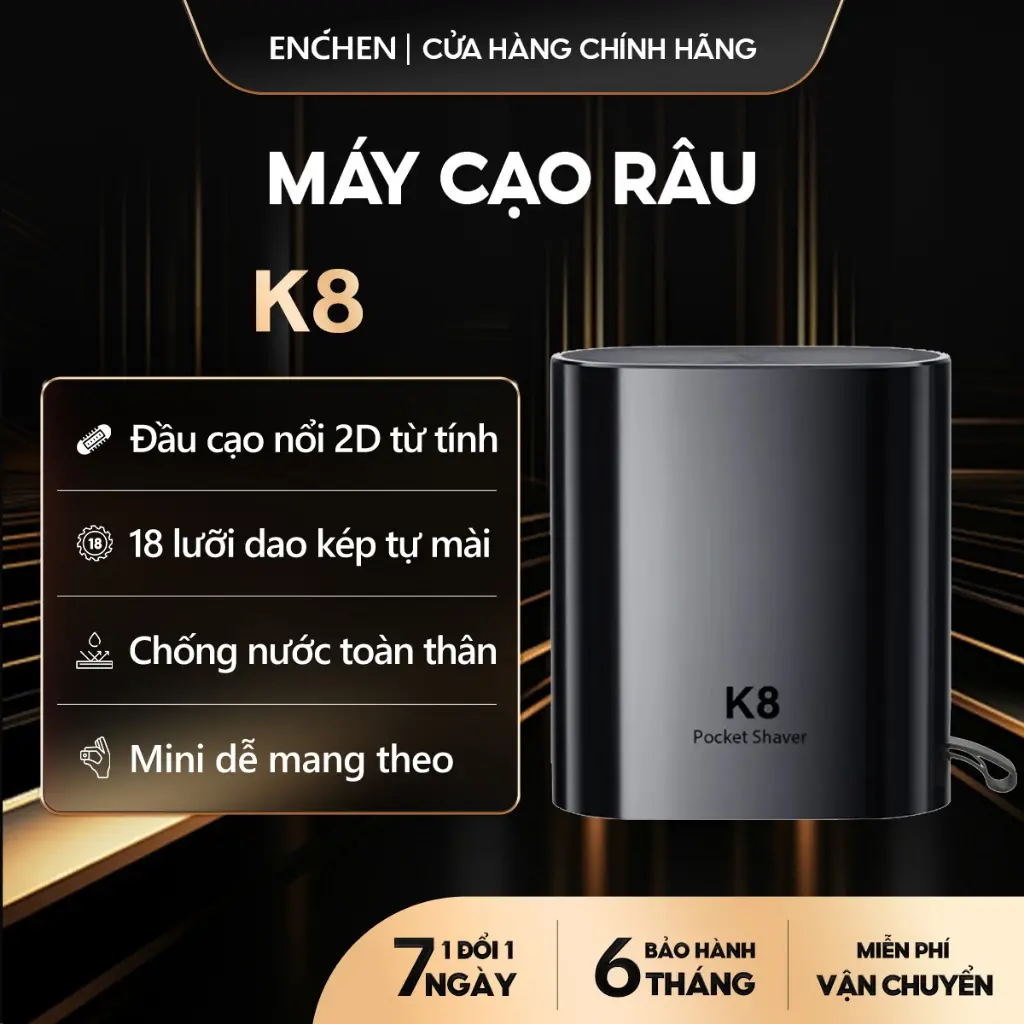 Máy cạo râu mini Enchen K8 đầu cạo 2D chống nước,18 lưỡi dao tự mài, pin dùng đến 60 ngày