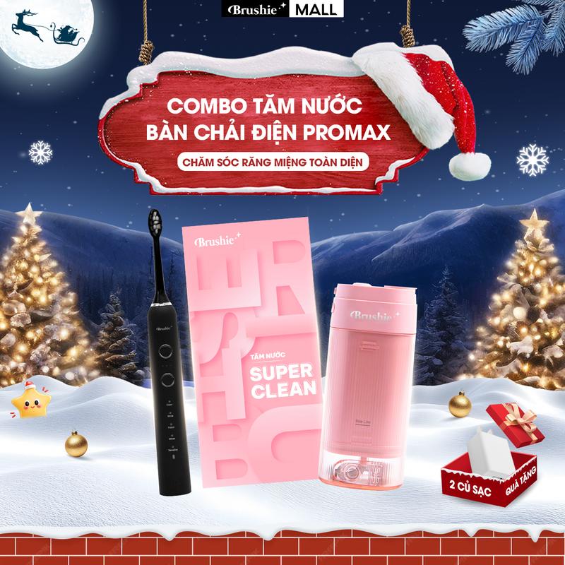   COMBO HOÀN HẢO  Combo Bàn chải điện Brushie Pro Max tích hợp đầu rửa mặt hỗ trợ làm sạch hiệu quả và Tăm nước mini Brushie SuperClean nhỏ gọn hỗ trợ làm sạch hiệu quả với 17 chế độ chuyên biệt  + TẶNG 2 CỦ SẠC 