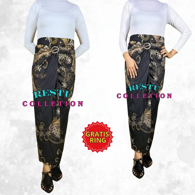 Rok Lilit Warp Skirt Serut Songket Jumputan Batik Panjang Wanita Bawahan Kebaya Kondangan Nikahan Wisuda Modern Tunangan Cewek Bahan Premium All Size Motif Hanna Hitam Kain Ring Tebal Mewah Pesta Party Golden Plus Size Brown  Silver Maxi 3