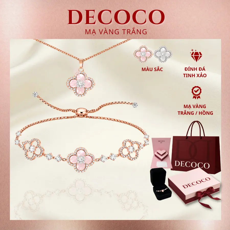 Set vòng cổ và vòng tay SAKURA cỏ 4 lá charm hoa đá xà cừ mạ vàng trắng DECOCO ( kèm Túi giấy + Hộp + Thiệp ) may mắn