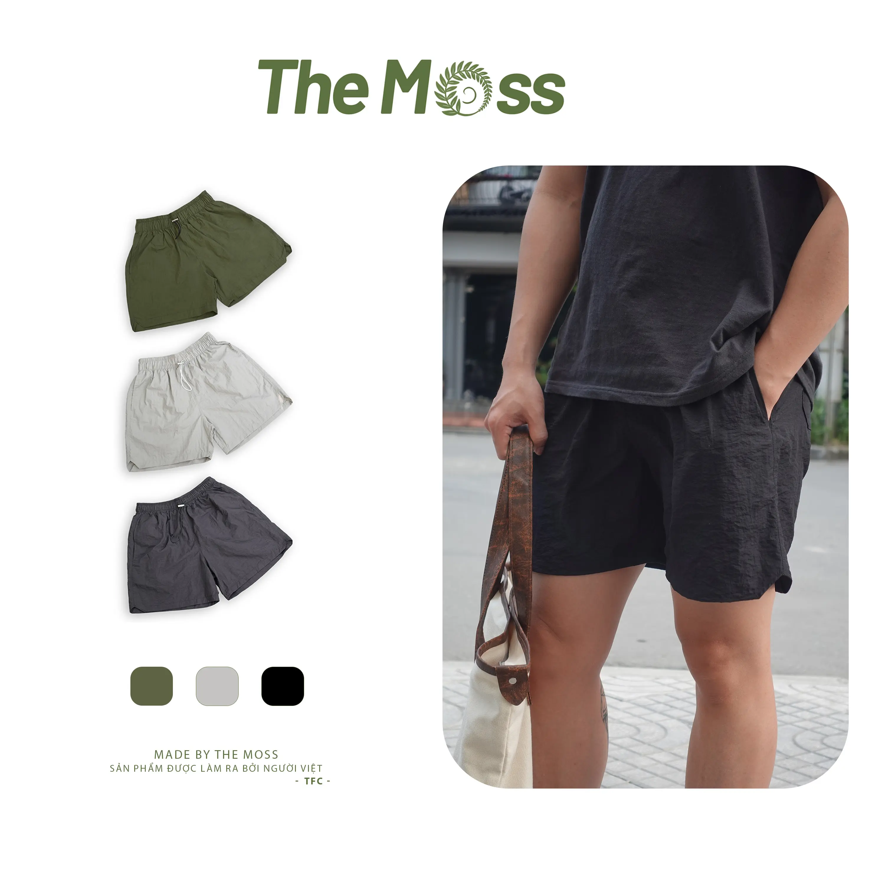 The Moss - Quần Short Dù Nhăn - Short Gió Nhăn Basic Form Trên Gối, Cạp Chun Dây Rút, 4 Túi, Chất Dù Nhẹ Thoải Mái