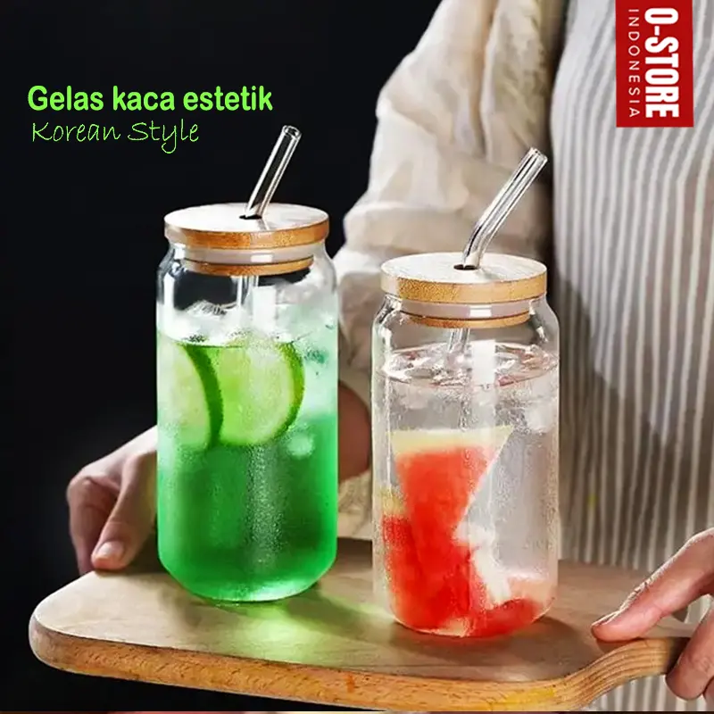 Gelas Aesthetic Gelas Kaca Tutup Kayu Mug Cangkir Gelas Kaca Sedotan Gelas Teh Cangkir Estetik Glass