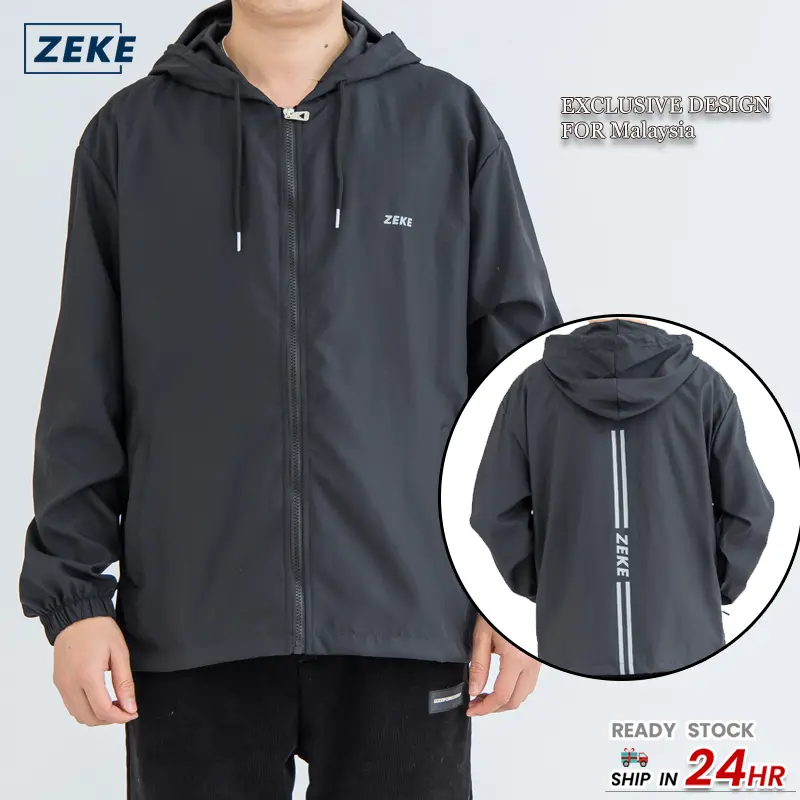 ZEKE Hooded Waterproof Reflective Windbreaker Jacket Lelaki Lengan Panjang Tracksuit