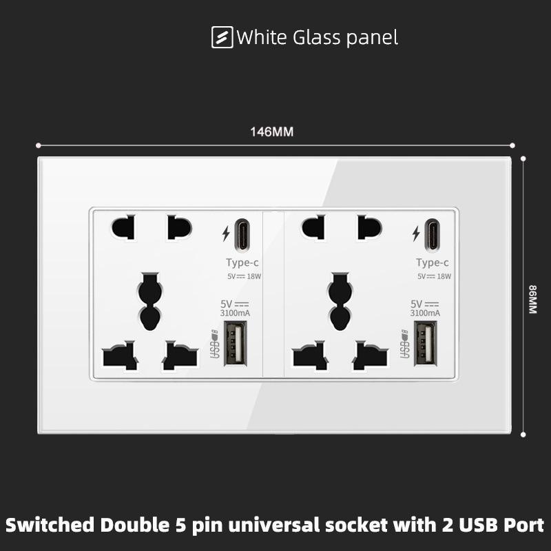 Universal 5-Pin EU UK US Wall Socket with 18W Type-C USB Fast Charging and White Glass Panel – Multi-Device Outlet for Home and Office