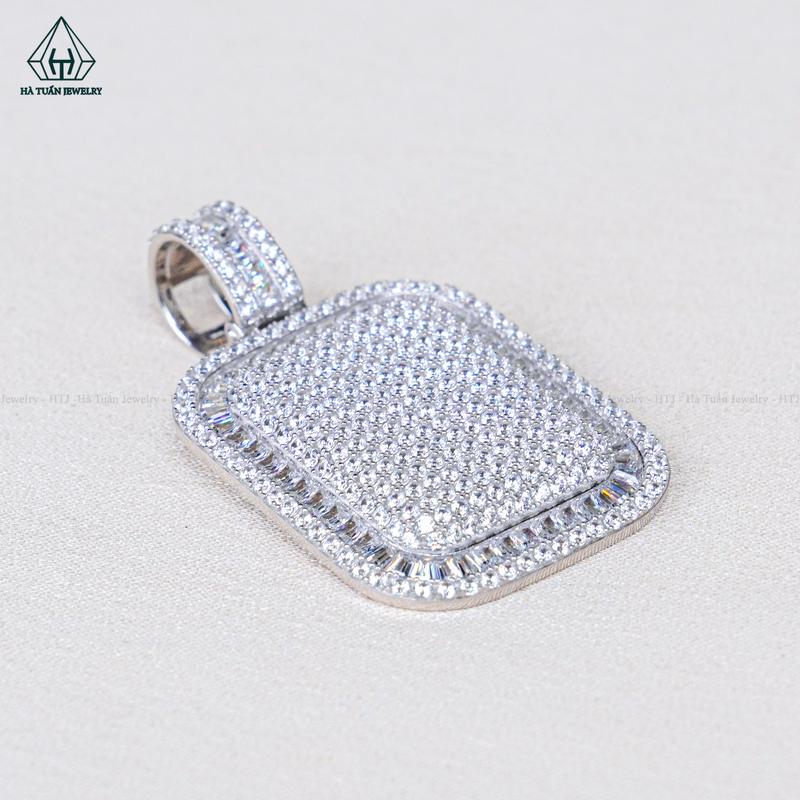Mặt Dây Chuyền Vuông Bạc 925 Xi Kim Đính Đá CZ P428 Hà Tuấn Jewelry
