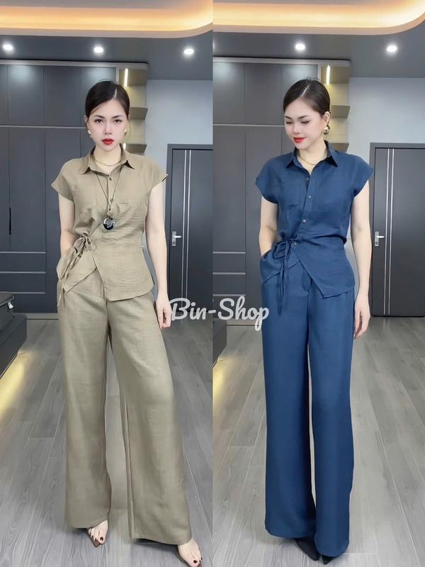 Áo Sơ Mi Tay Hến Kèm Quần Ống Suông, Phong cách Trẻ Trung, chất liệu Đũi mềm