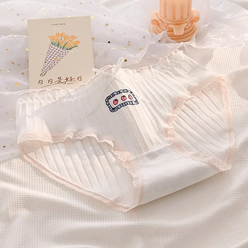 MoodStyle // CD1590 Cd Elastis Motif Pita Strawberry Celana Dalam Warna Pink Putih Bahan Katun Wanita Segitiga Mid Waist Sutra Briefs Cewek Cantik Bunga 5