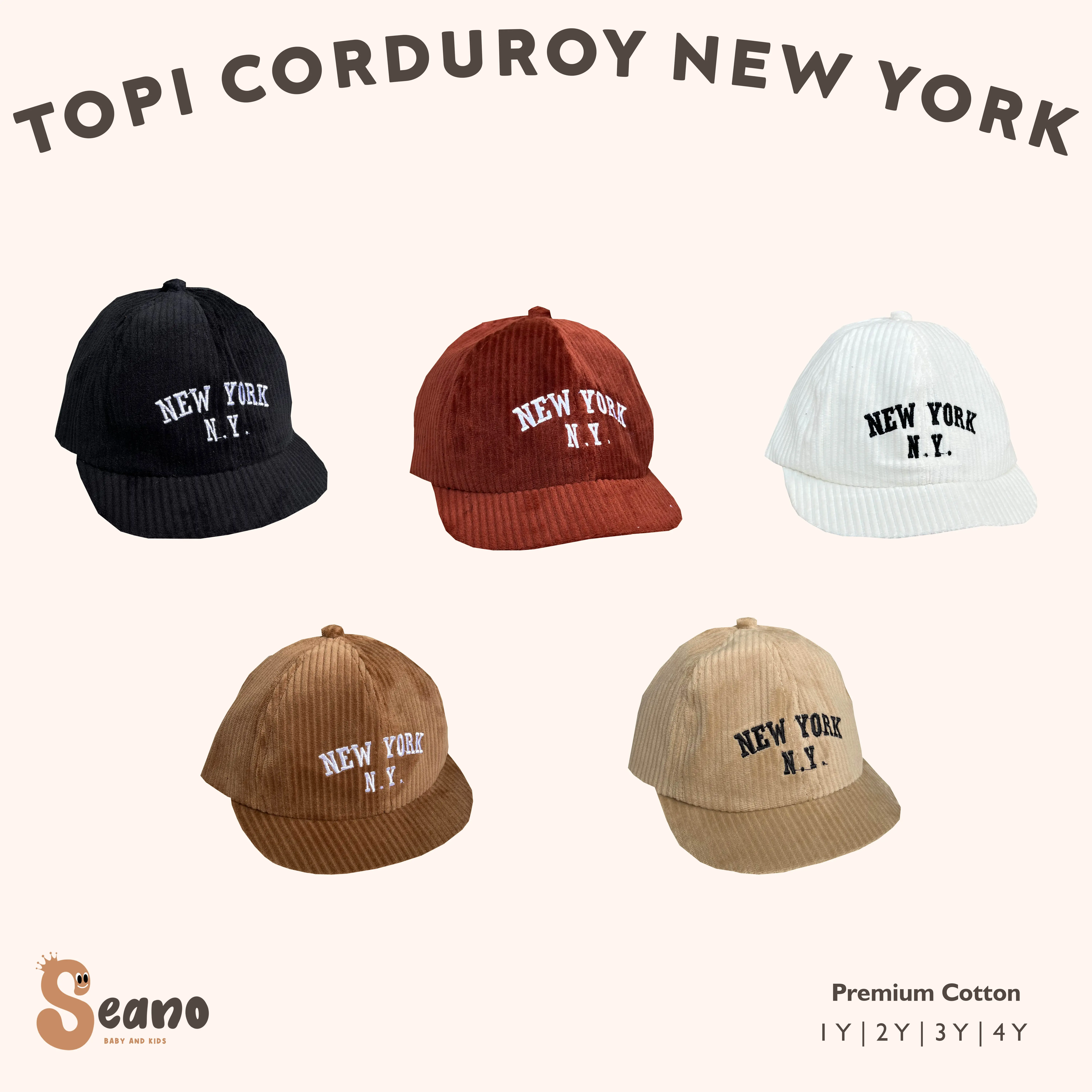 Topi Anak Baseball New York Snapback Corduroy Unisex 6 Bulan - 3 Tahun