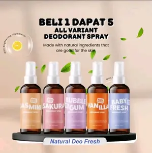Natural Deo Fresh Paket Isi 5 Deodorant Spray Beraroma Mengatasi Bau Badan & Mencerahkan Ketiak Bersertifikat BPOM 60 ML Bebas Alkohol Aluminium & Paraben - Kering, Tawas, Kuning, Wangi