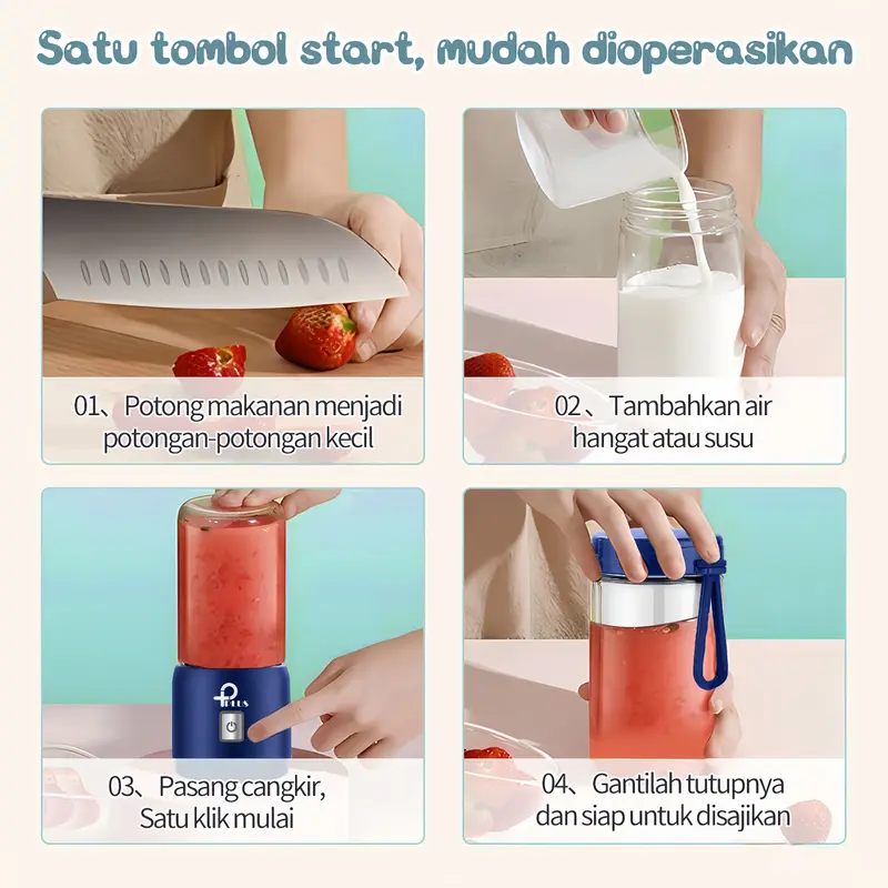 Kaca Blender Mpasi 8 Pisau Juice Portable 1 Botol Mini USB Blander Biru 380ML Juicer 4