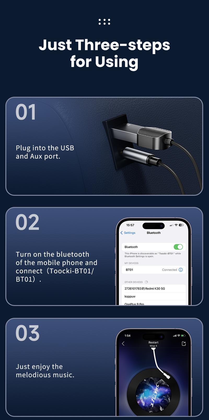 Product Introduction of Toocki Bluetooth Receiver 5.4 For Car Wireless Receiver USB to 3.5mm Jack Aux Audio Wireless Adapter Car Kit Speaker Transmitter 55