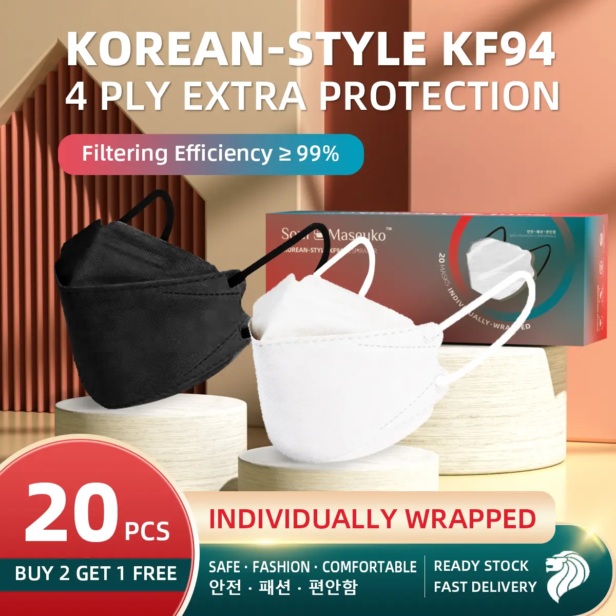 [Ready Stock] Premium KF94 Mask Disposable Face Mask Efficiency >99% Individually Packed Healthcare Protection Protective