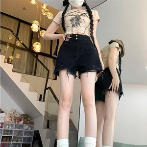 Korean Plus Black Ripped Denim Shorts for Women's Summer New High Waisted A-line Wide Leg Shorts Loose Shorts Jeans Womenswear Bottom Lingerie Streetwear Trouser Pants Basic
