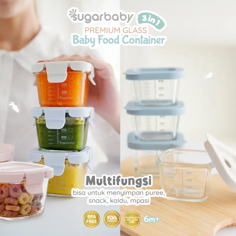 Sugar Baby Premium Glass Jar Baby Food Container 3 pcs BPA FREE / Peralatan Makan Bayi MPASI / Wadah Mangkok Bayi Silicone Lid & Plastic Lid 5