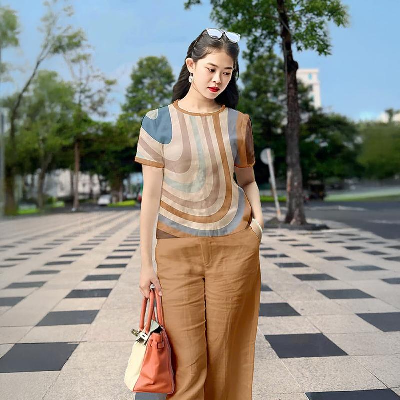  Bộ nữ BỐN MÙA  45-85kg  Set bộ áo in hoạ tiết và quần suông lưng thun phía sau chất liệu đũi xước Nhật cao cấp 