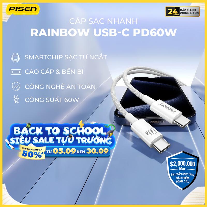 [PISEN] Cáp Sạc Nhanh 60W | Dây Mềm Mại, Chống Đứt Gãy, Tương Thích Android/Iphone 15-16 Series | PISEN PRO - Rainbow USB-C PD60W Anti-Break | LT-CC07-1000 | Bảo Hành 18 Tháng 1 Đổi 1 | Bảo Hiểm 2 Triệu Đô Toàn Cầu