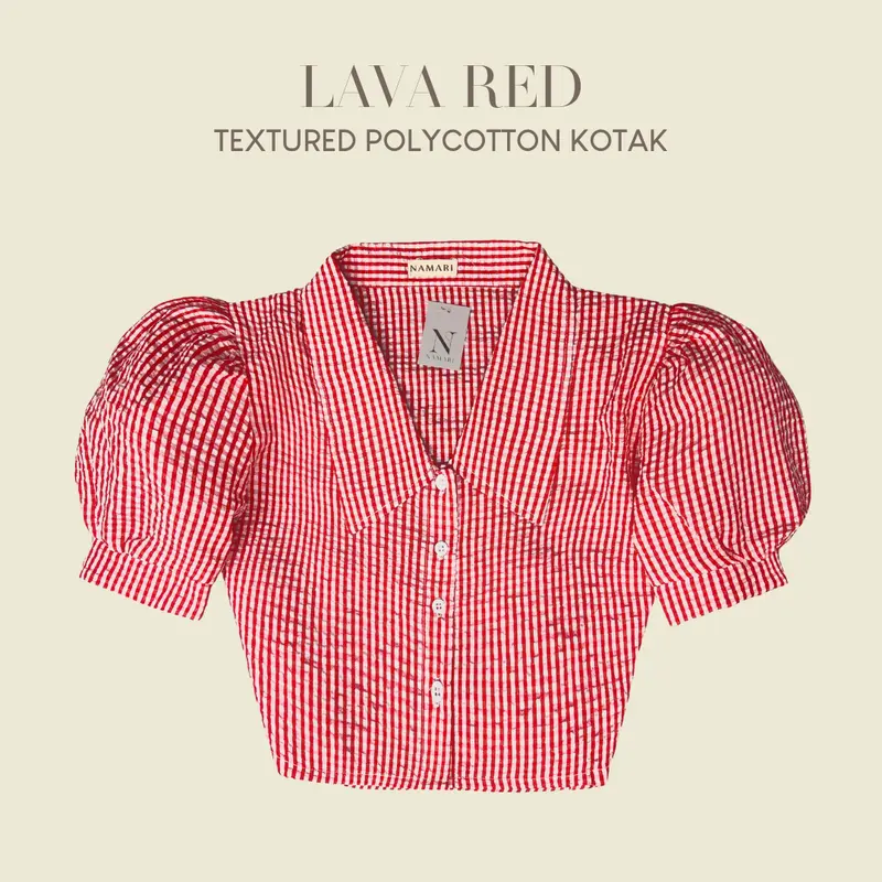 NAMARI - Alice Top - Baju Kemeja Croptop Lengan Balon Kotak Plaid Korean Wanita Fitted Press Body Motif Pendek Atasan Basic Katun Polyester 3