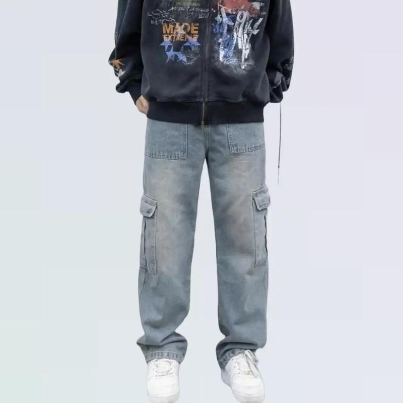 Quần baggy jean nam ống suông túi hộp màu xanh nhạt trơn chất bò dãn nhẹ Có Túi QJ816 dáng chuẩn Menswear Pants