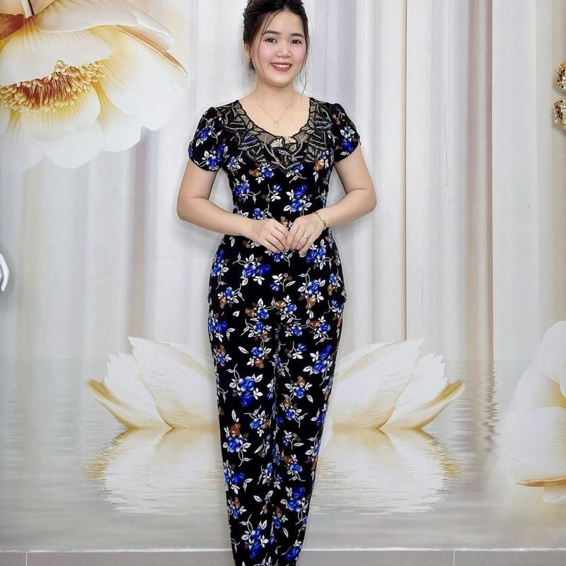 B55 Đồ bộ bông thun nữ trung niên hoạ tiết hoa cổ điển, cổ ren thương hiệu Hải Sơn Women