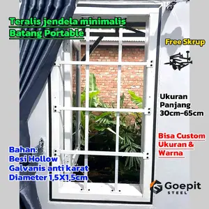 Teralis Tralis jendela minimalis batang portable,Ukuran Panjang 30cm-65cm, Bahan Besi Hollow Galvanis anti karat diameter 1,5cmX1,5cm(15mm), Bisa custom ukuran dan warna.