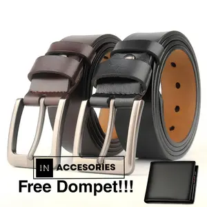 {Free Dompet} Ikat Pinggang Pria Kulit PU Import, Gesper Pria Jarum Premium Import Aksesoris, Sabuk Pria Bonus Dompet