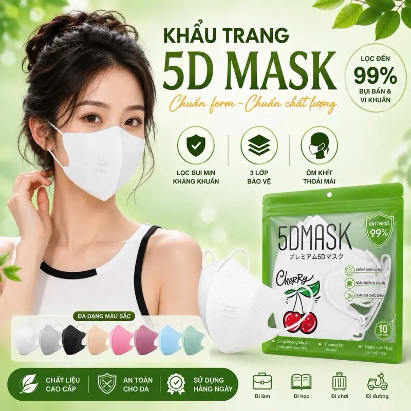 200 cái khẩu trang 5d cherry 3 lớp giấy kháng khuẩn chống nắng chống bụi mịn