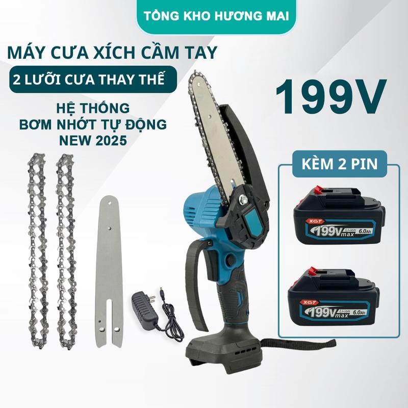 [GIẢM GIÁ] Bộ Máy Cưa Xích Cầm Tay 2 PIN 199V New 2025, Lõi Đồng Mạnh Mẽ Bền Bỉ, Máy Bơm Nhớt Tự Động Tiện Dụng Cho Gia Đình, Bảo Hành 12 Tháng