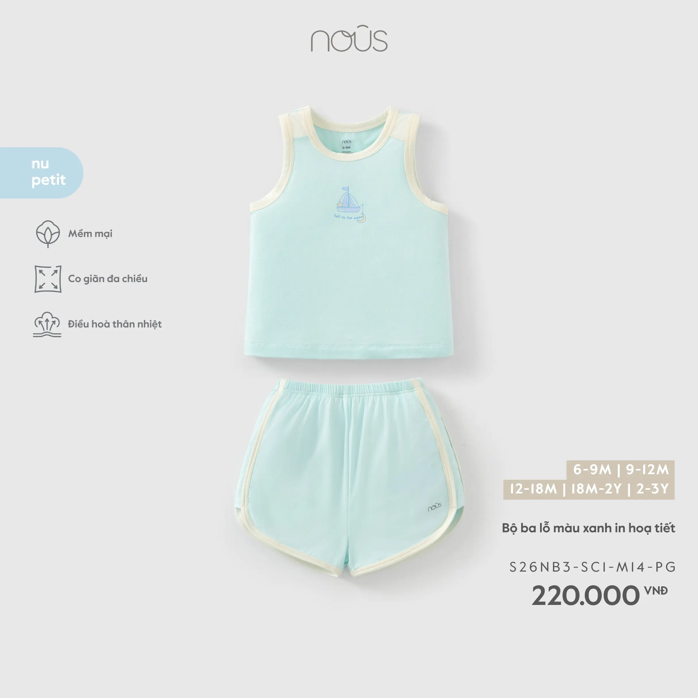 Bộ ba lỗ màu xanh in hoạ tiết Nous
