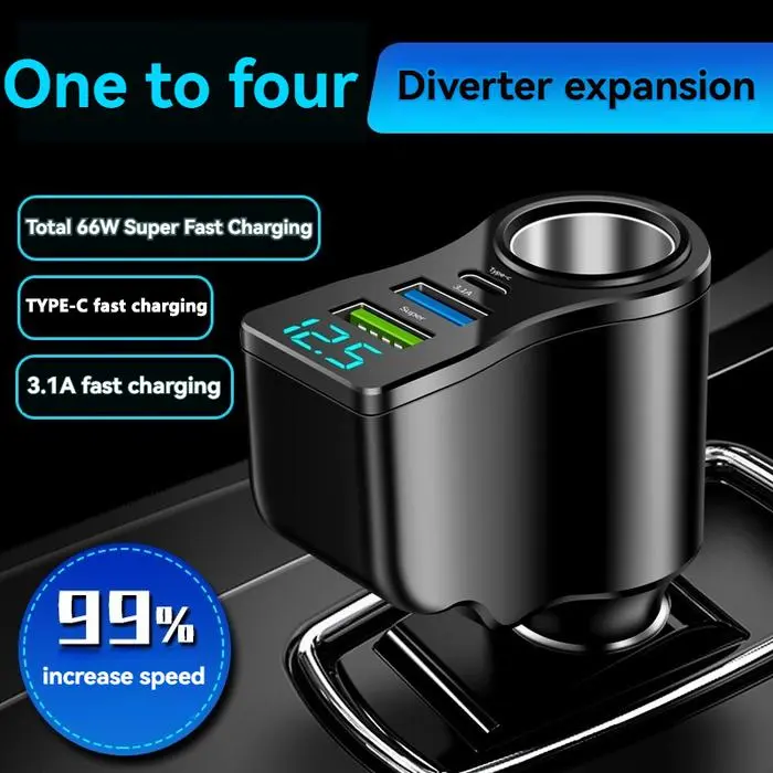 Adaptor Mobil 66W Charger Cepat 4-in-1 USB TYPE-C PD Soket Pemantik Layar LED untuk HP Android iPhone & Perangkat Elektronik Mobil CH98 Asli Car