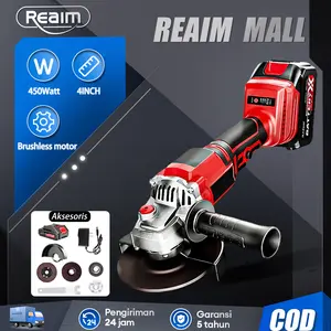 Reaim Gerinda Baterai Brushless 4Inch 450W, Mesin Gerinda Tangan Cordless, Angle Grinder, Mesin Gerinda Baterai Murah, Alat Gerinda Tangan Portabel untuk Pekerjaan yang Efisien dan Praktis, Dapat Digunakan Tanpa Kabel, Hemat Energi dan Kekuatan Tinggi