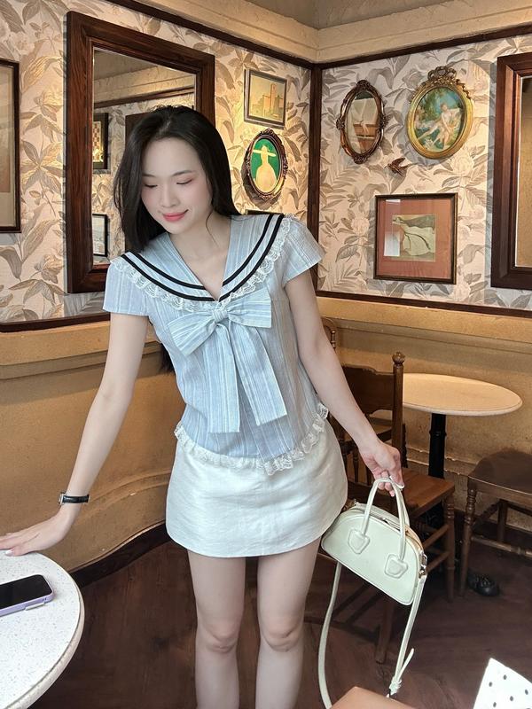 Áo sơ mi cổ thủy thủ viền ren phối nơ xinh xắn  trẻ trung LAMO - B1464