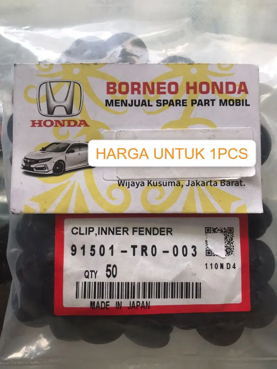 CLIP KANCING LINER INNER FENDER SEMUA MOBIL HONDA JAZZ CITY FREED CIVIC ACCORD ODYSSEY CRZ BRV HRV MOBILIO CRV ELYSION HONDA 91501-TR0-003 KLIP BAUT 1PCS